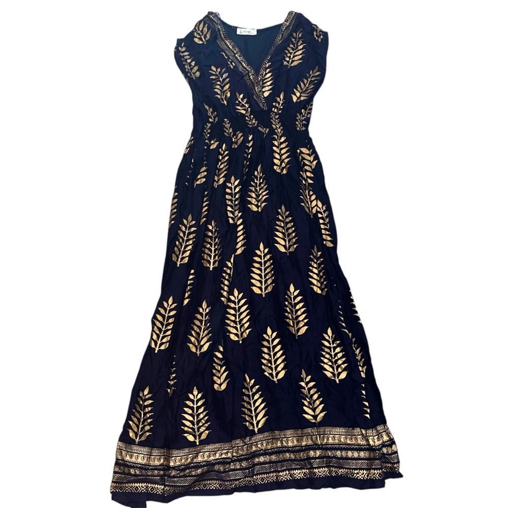 Anthropologie Navy Maxi Dress with Gold Leaf Print